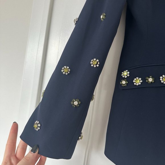 Cinq à Sept Cheyenne Blazer Jacket Rhinestone Flower Embellishments in Navy Sz 4 - Picture 8 of 11